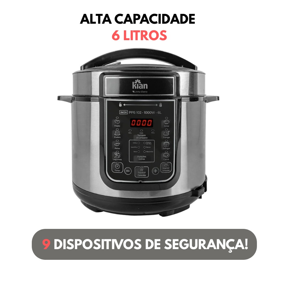 Panela de Pressão Elétrica Digital 5/6 litros Preta ou Inox - kian