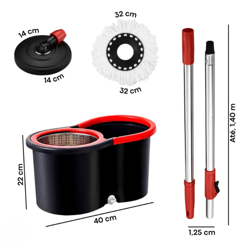 Mop Giratório Cabo Grande de 120 cm 8 Litros Cesto Em Inox e Plástico - Balde Centrífuga Preto