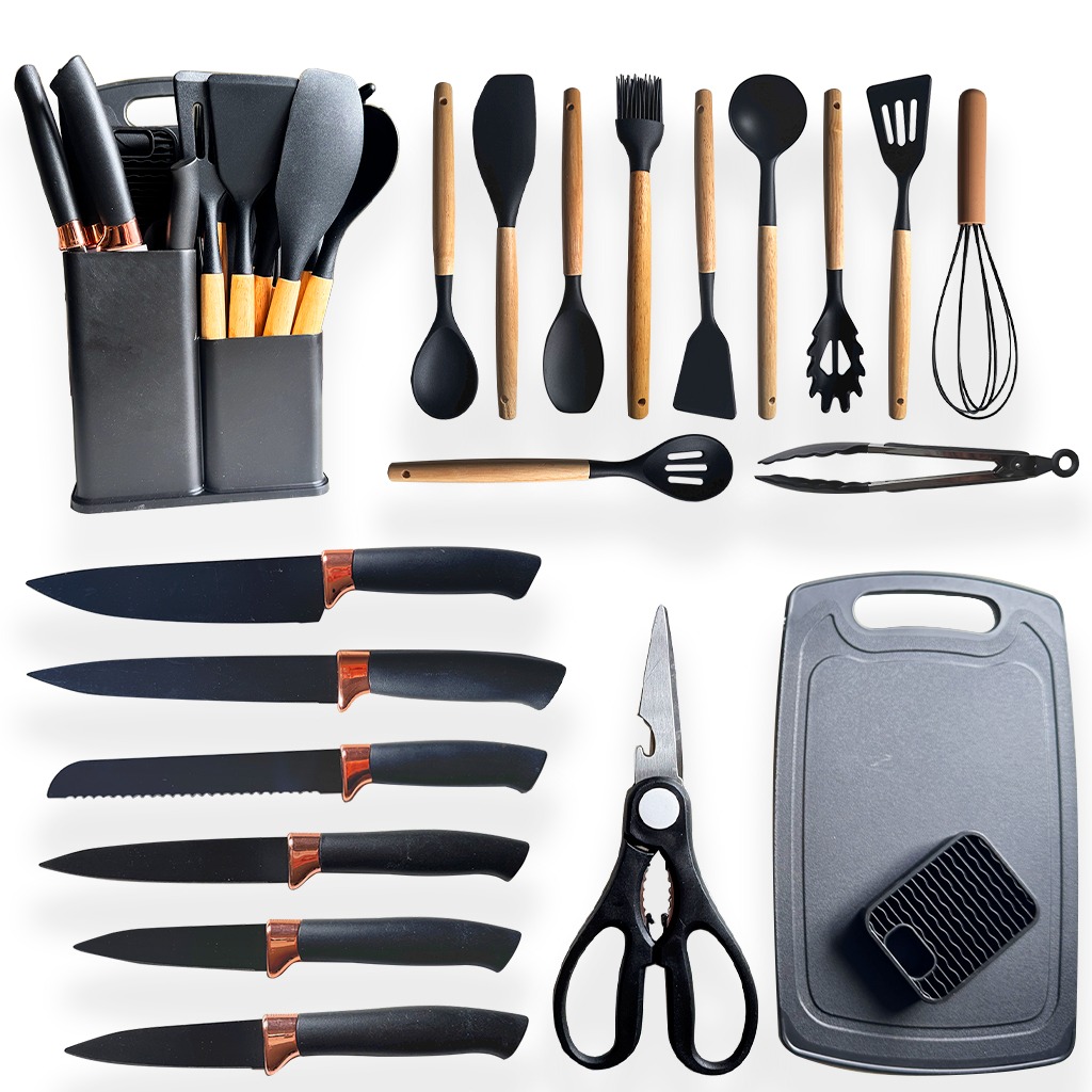 Kit Conjunto De 19 Peças Utensílios Cozinha Silicone Tabua Cor Preto