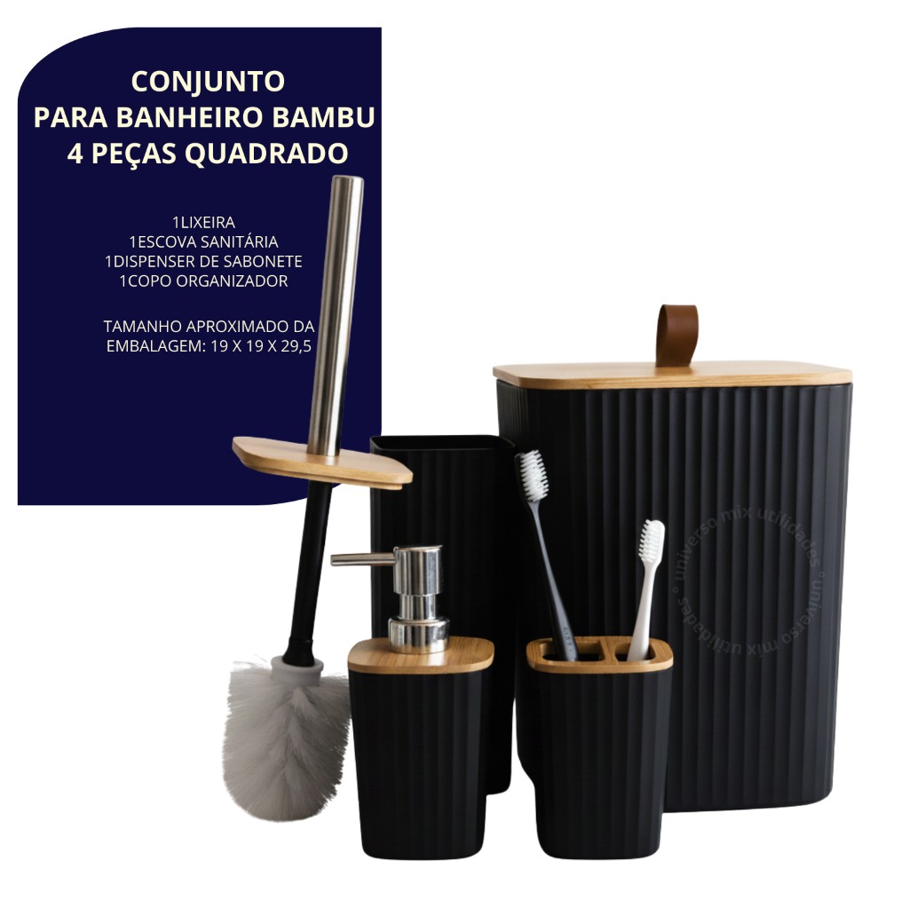 Kit Banheiro Completo Lixeira C/ Tampa Detalhes Em Bambu Luxo