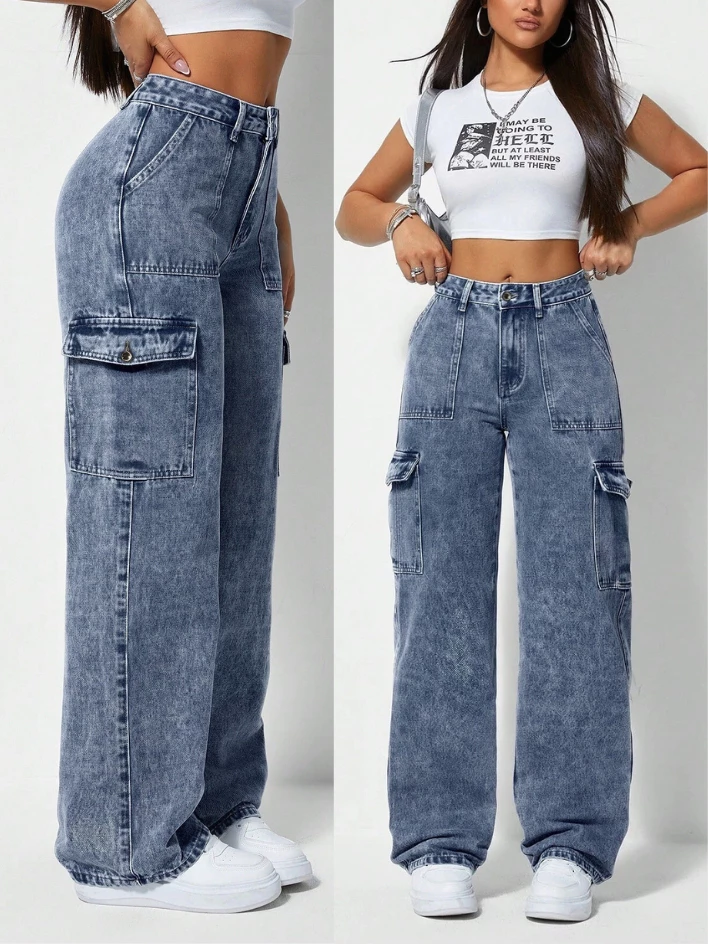 Calça Cargo Feminina Jeans Bolso Lateral Wid Leg 34 ao 44 Pantalona Cintura Alta