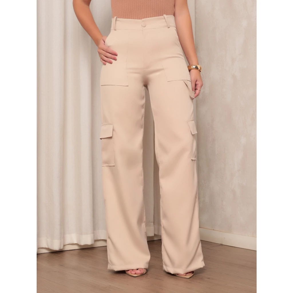 Calça Pantalona Feminina em Alfaiataria Cargo Wide Leg Casual Para Trabalhar